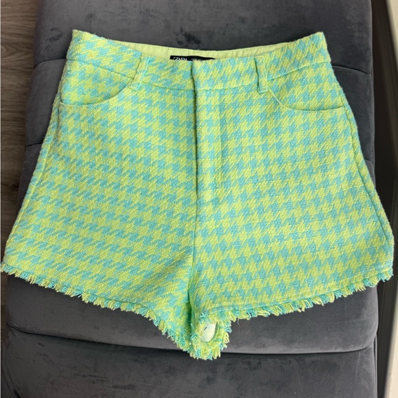 ZARA Tweed Stylish Houndstooth Short in Blue‎ and Green Size Med- B2 - Picture 3 of 5